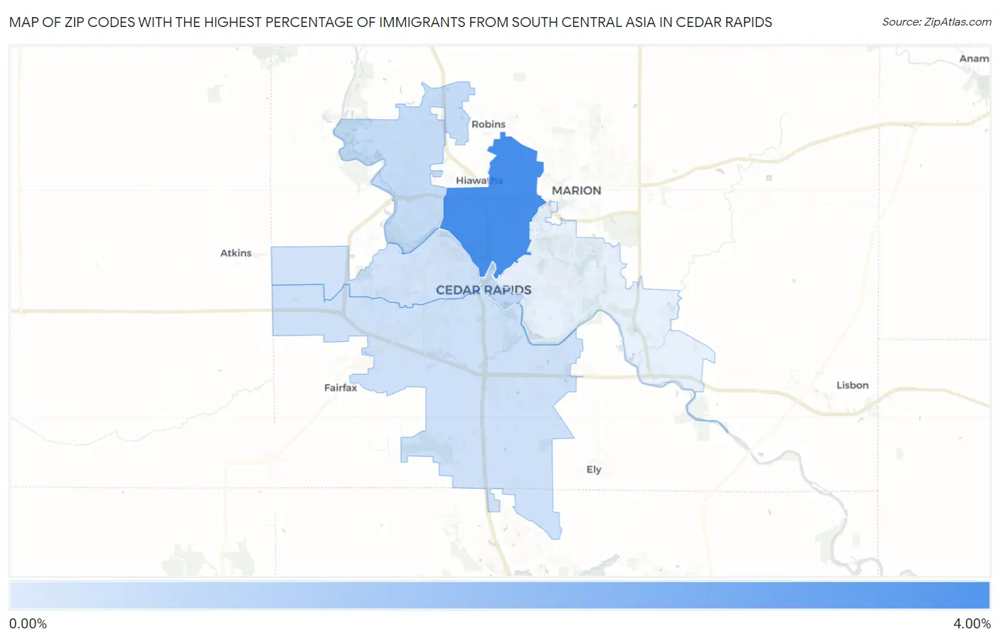 Zip Codes with the Highest Percentage of Immigrants from South Central Asia in Cedar Rapids Map