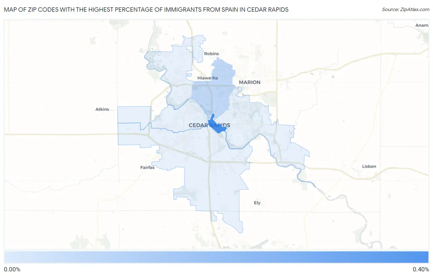 Zip Codes with the Highest Percentage of Immigrants from Spain in Cedar Rapids Map