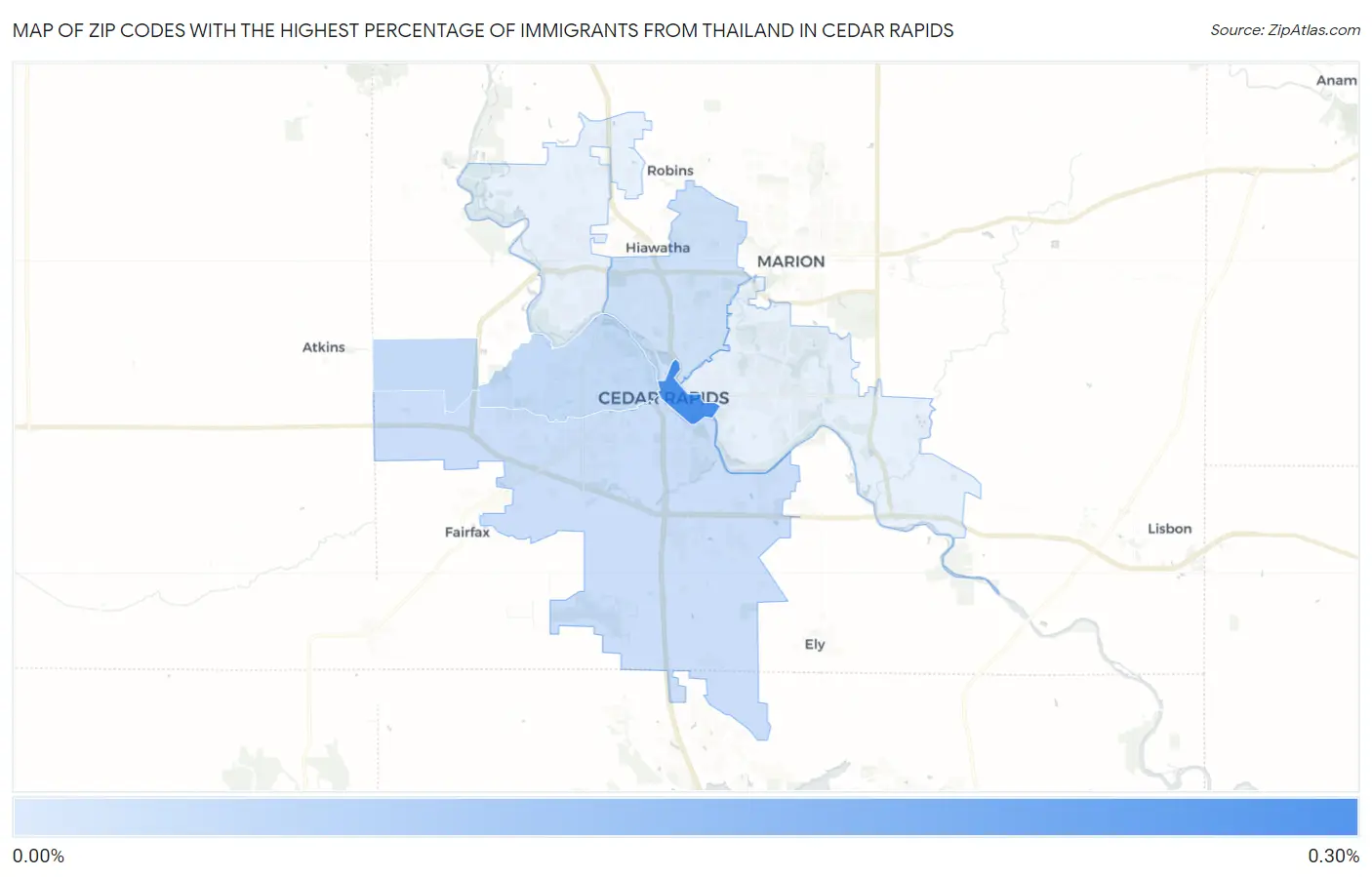 Zip Codes with the Highest Percentage of Immigrants from Thailand in Cedar Rapids Map