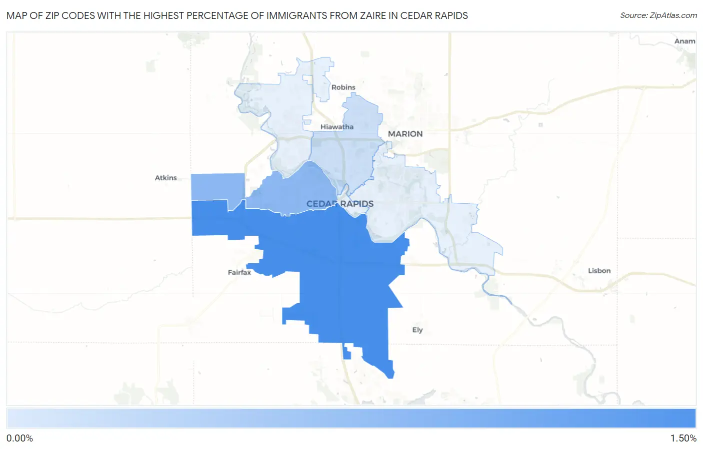 Zip Codes with the Highest Percentage of Immigrants from Zaire in Cedar Rapids Map