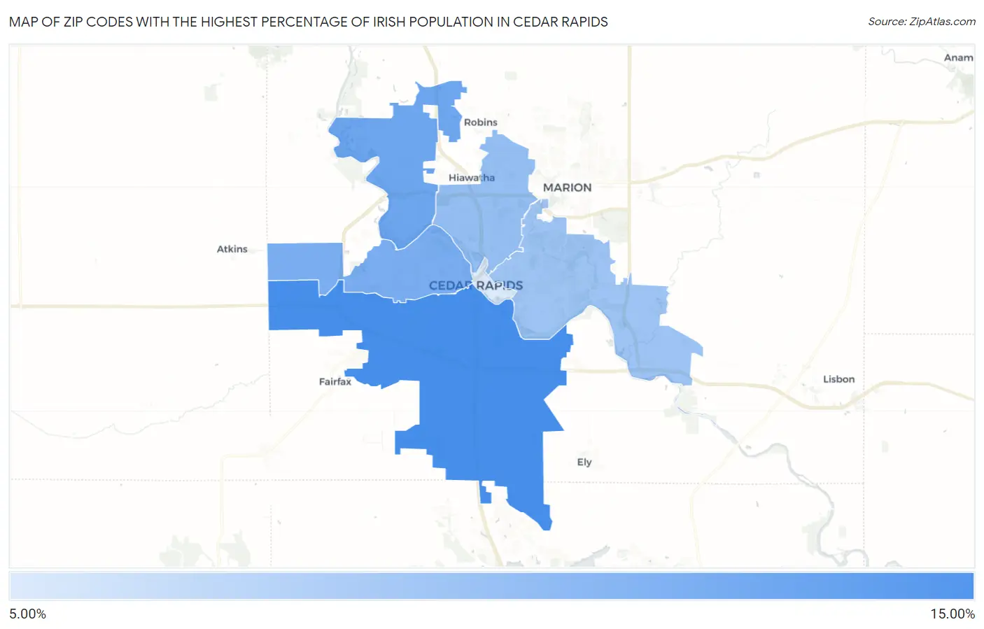 Zip Codes with the Highest Percentage of Irish Population in Cedar Rapids Map