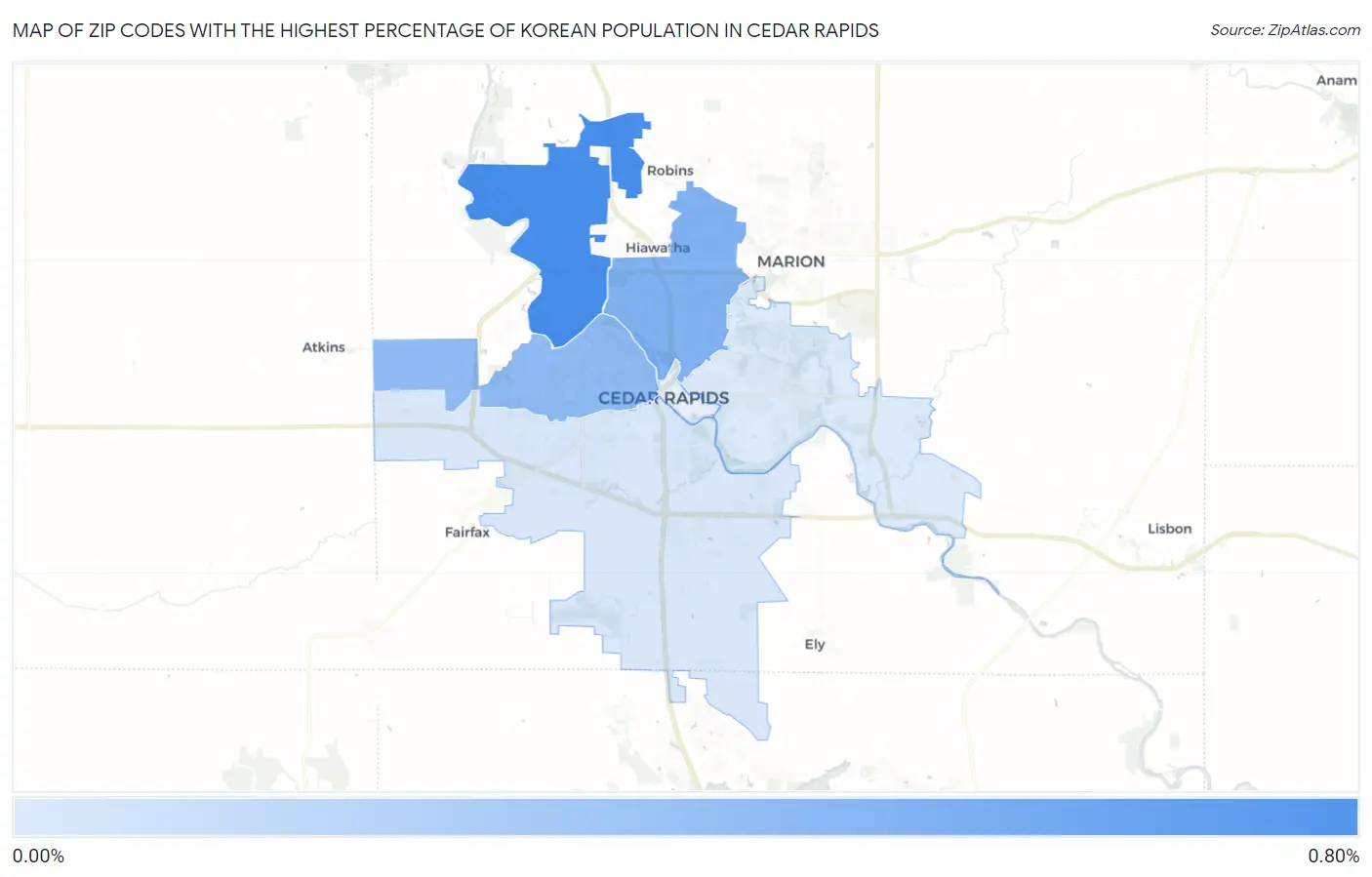 Zip Codes with the Highest Percentage of Korean Population in Cedar Rapids Map