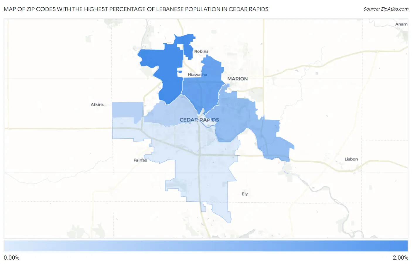 Zip Codes with the Highest Percentage of Lebanese Population in Cedar Rapids Map