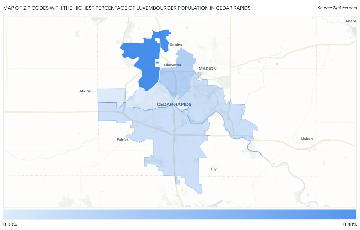 Zip Codes with the Highest Percentage of Luxembourger Population in Cedar Rapids Map