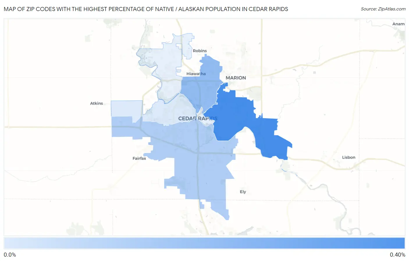 Zip Codes with the Highest Percentage of Native / Alaskan Population in Cedar Rapids Map
