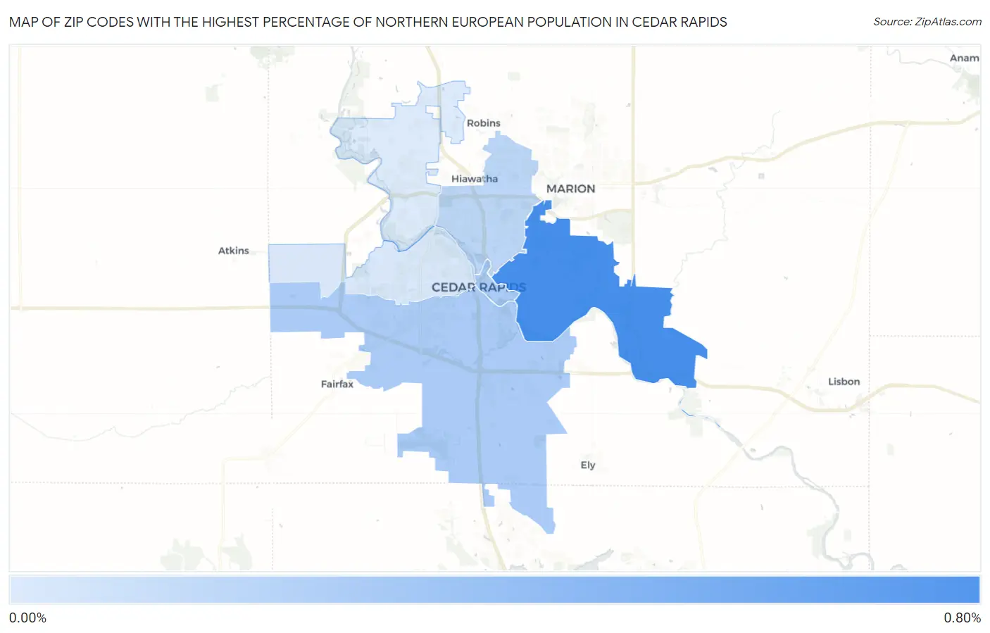 Zip Codes with the Highest Percentage of Northern European Population in Cedar Rapids Map