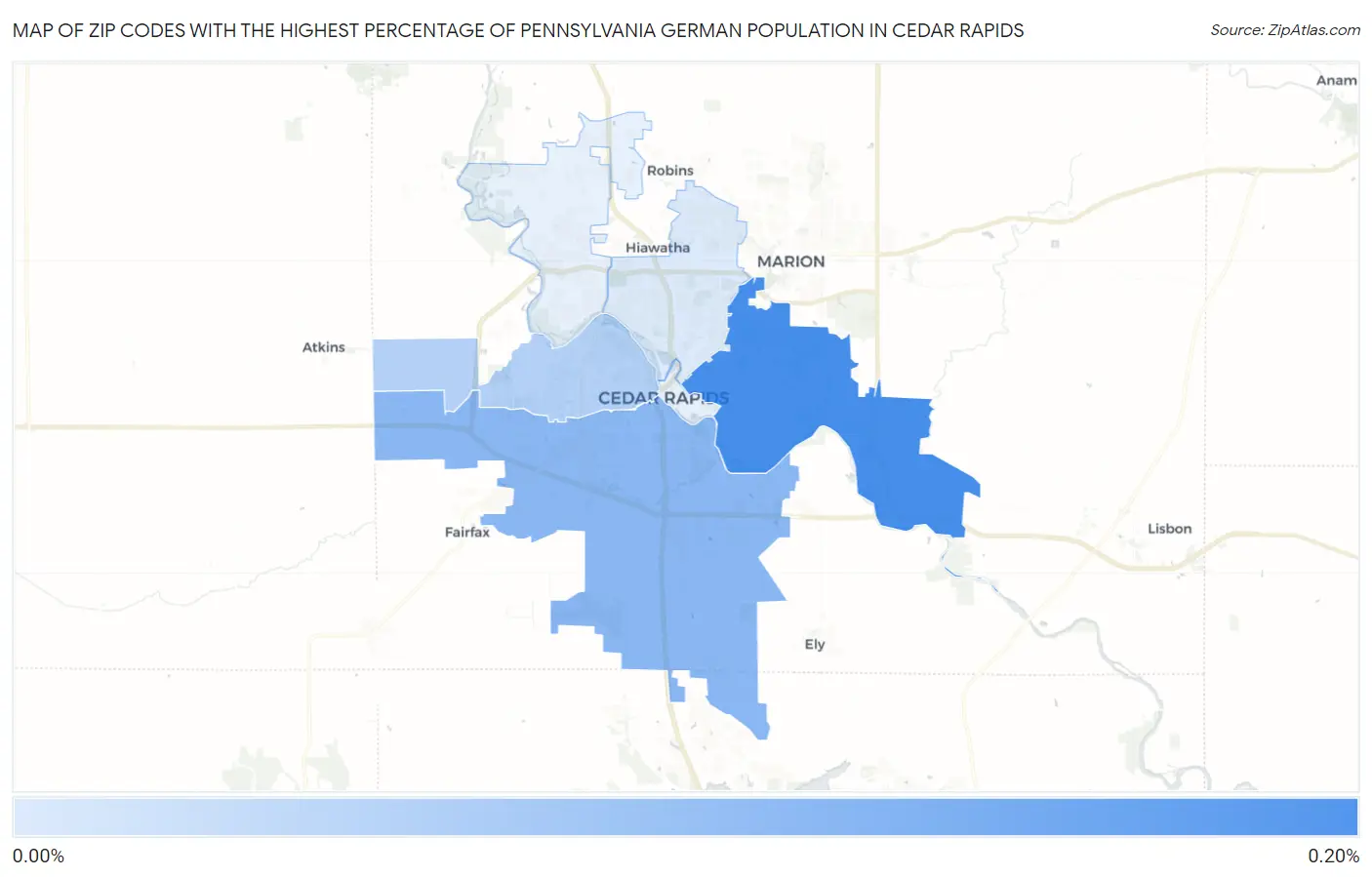 Zip Codes with the Highest Percentage of Pennsylvania German Population in Cedar Rapids Map