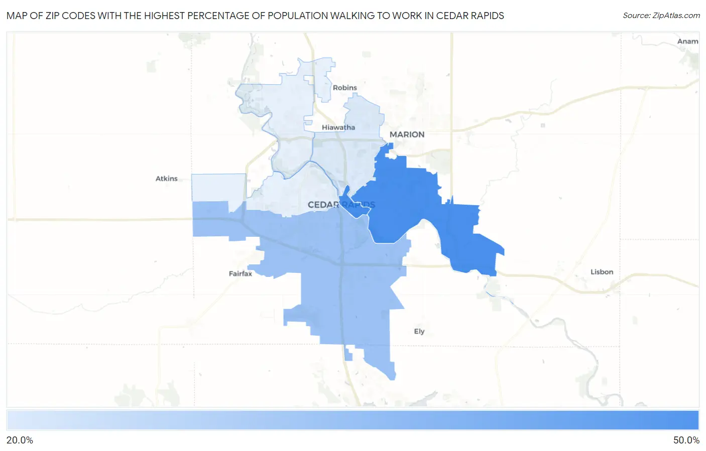 Zip Codes with the Highest Percentage of Population Walking to Work in Cedar Rapids Map