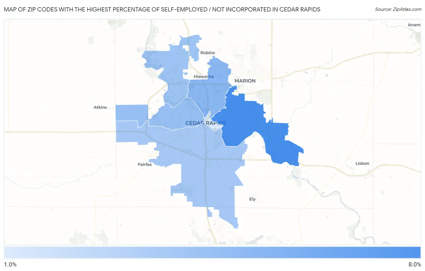 Zip Codes with the Highest Percentage of Self-Employed / Not Incorporated in Cedar Rapids Map