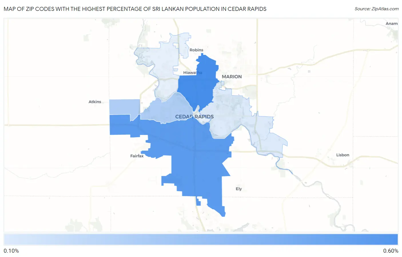 Zip Codes with the Highest Percentage of Sri Lankan Population in Cedar Rapids Map