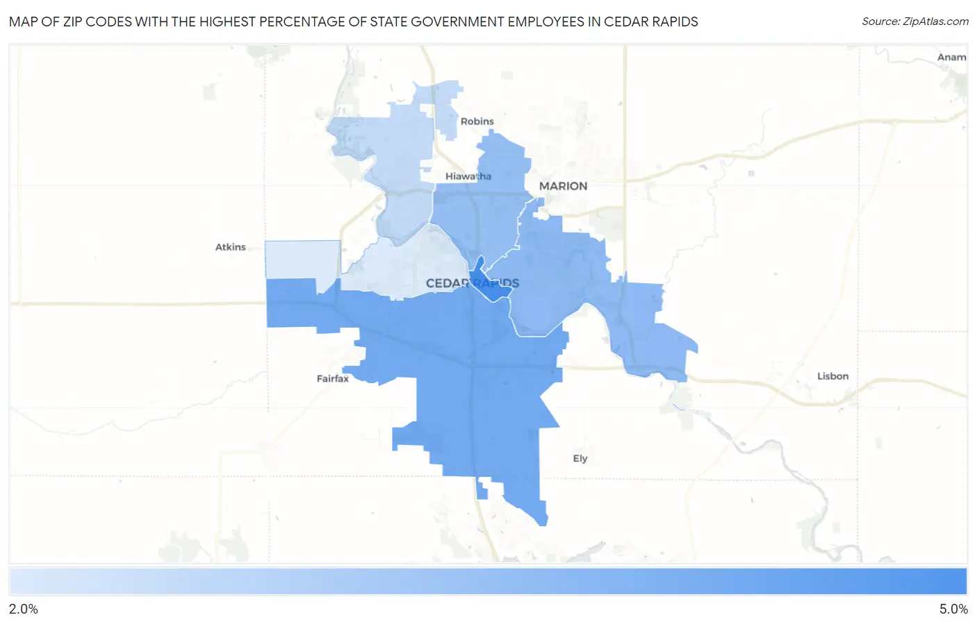 Zip Codes with the Highest Percentage of State Government Employees in Cedar Rapids Map