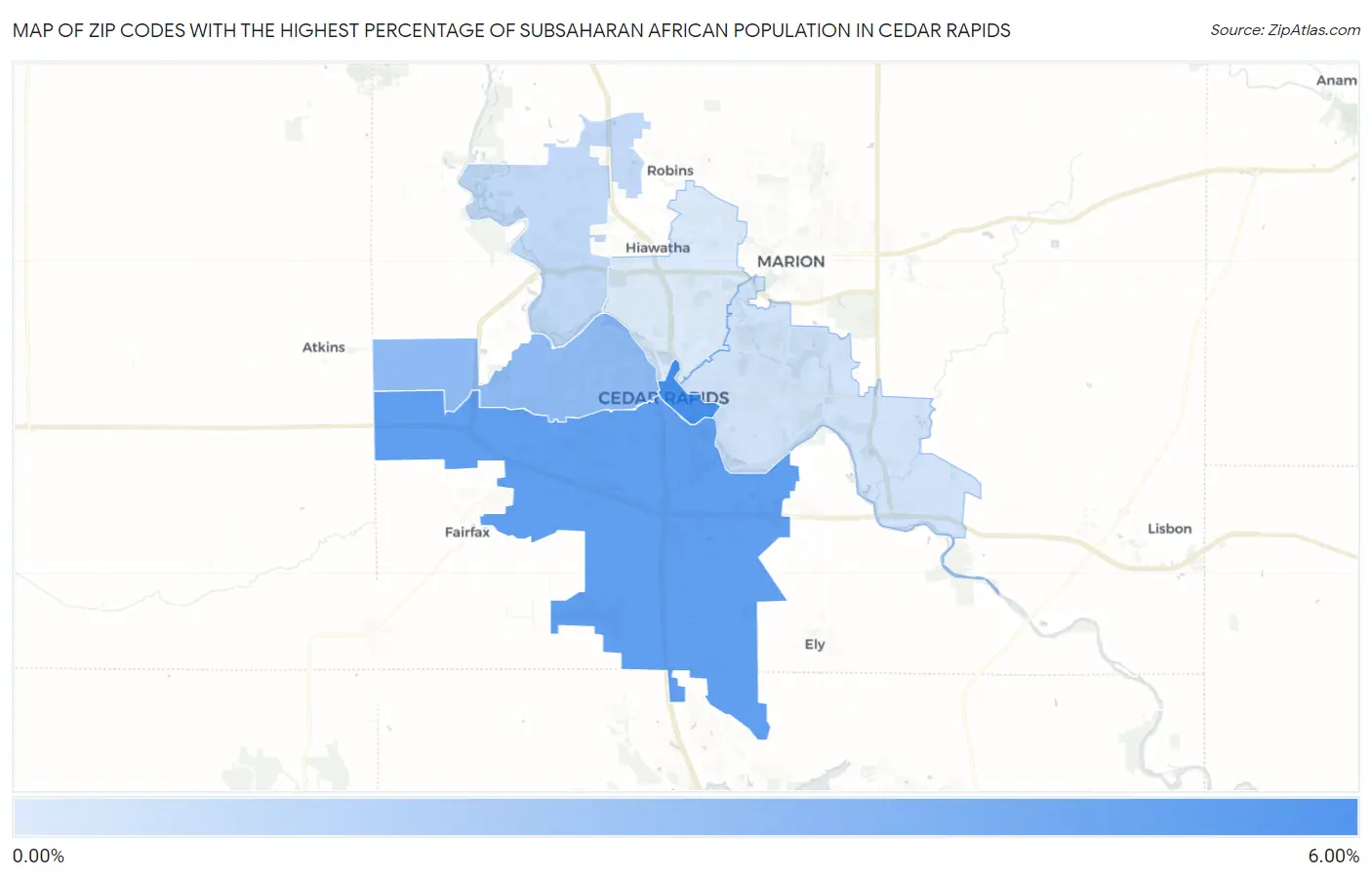 Zip Codes with the Highest Percentage of Subsaharan African Population in Cedar Rapids Map