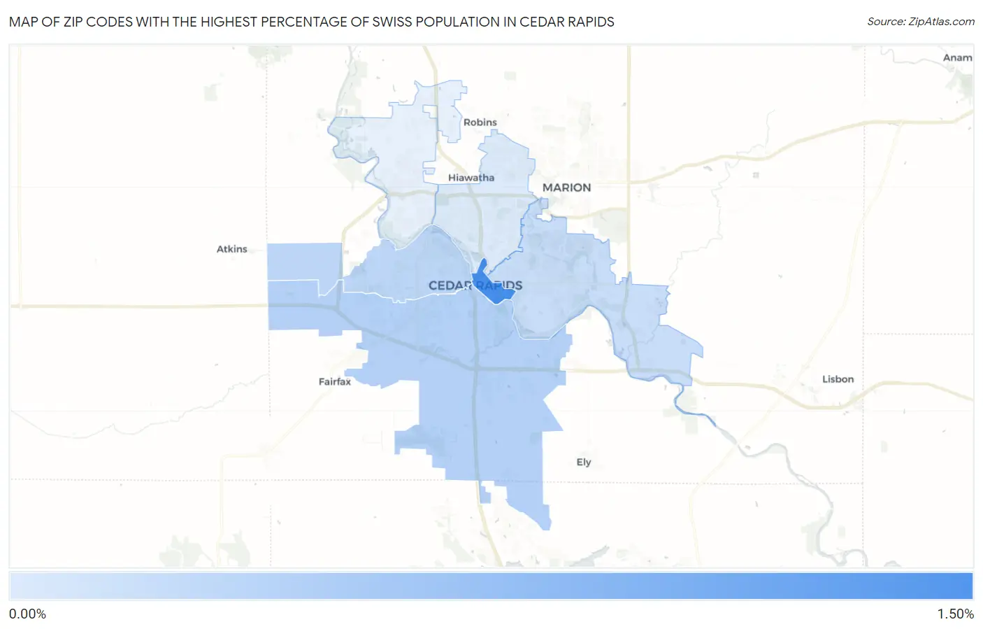 Zip Codes with the Highest Percentage of Swiss Population in Cedar Rapids Map
