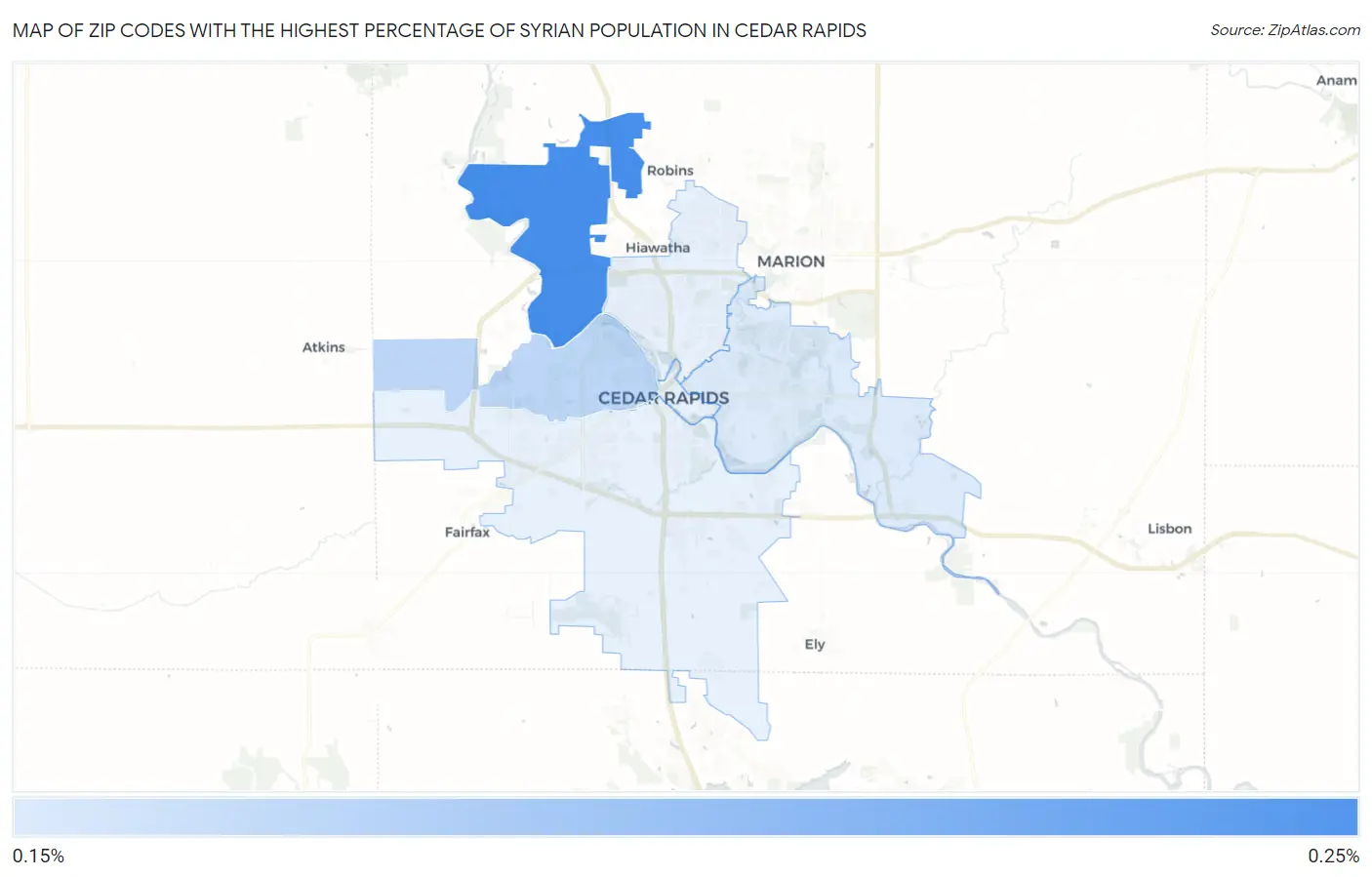 Zip Codes with the Highest Percentage of Syrian Population in Cedar Rapids Map