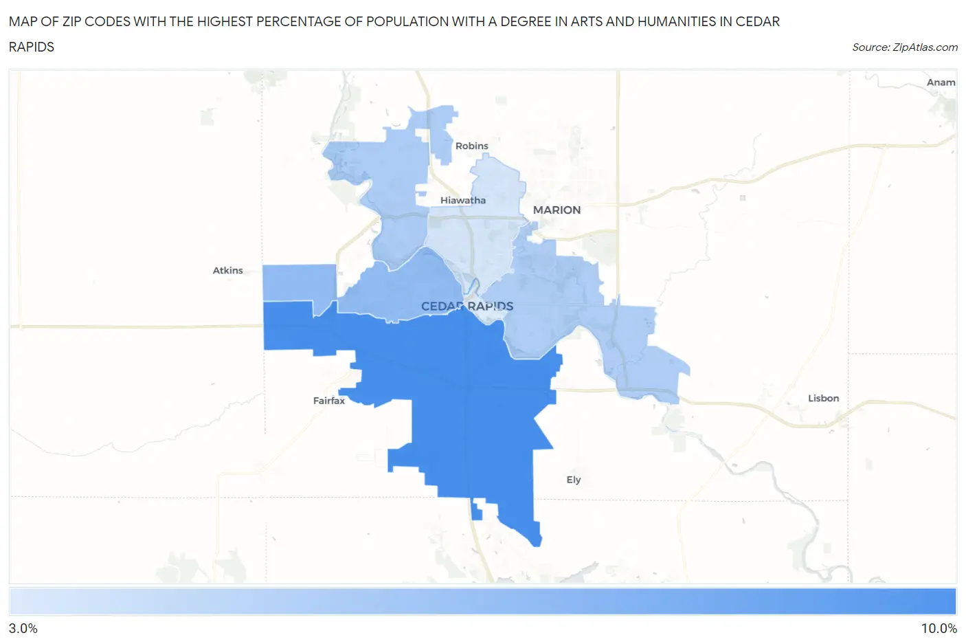 Zip Codes with the Highest Percentage of Population with a Degree in Arts and Humanities in Cedar Rapids Map