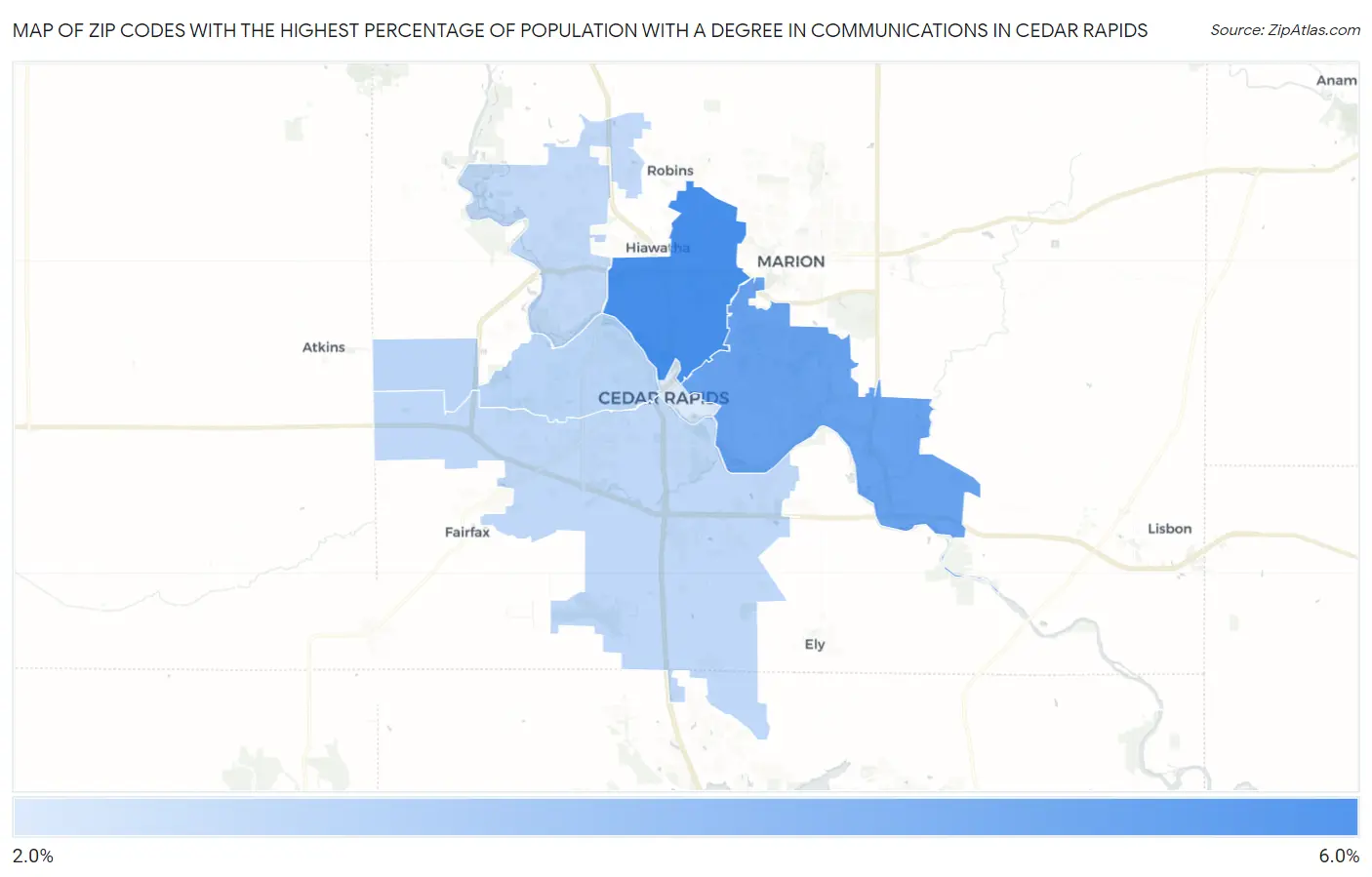 Zip Codes with the Highest Percentage of Population with a Degree in Communications in Cedar Rapids Map