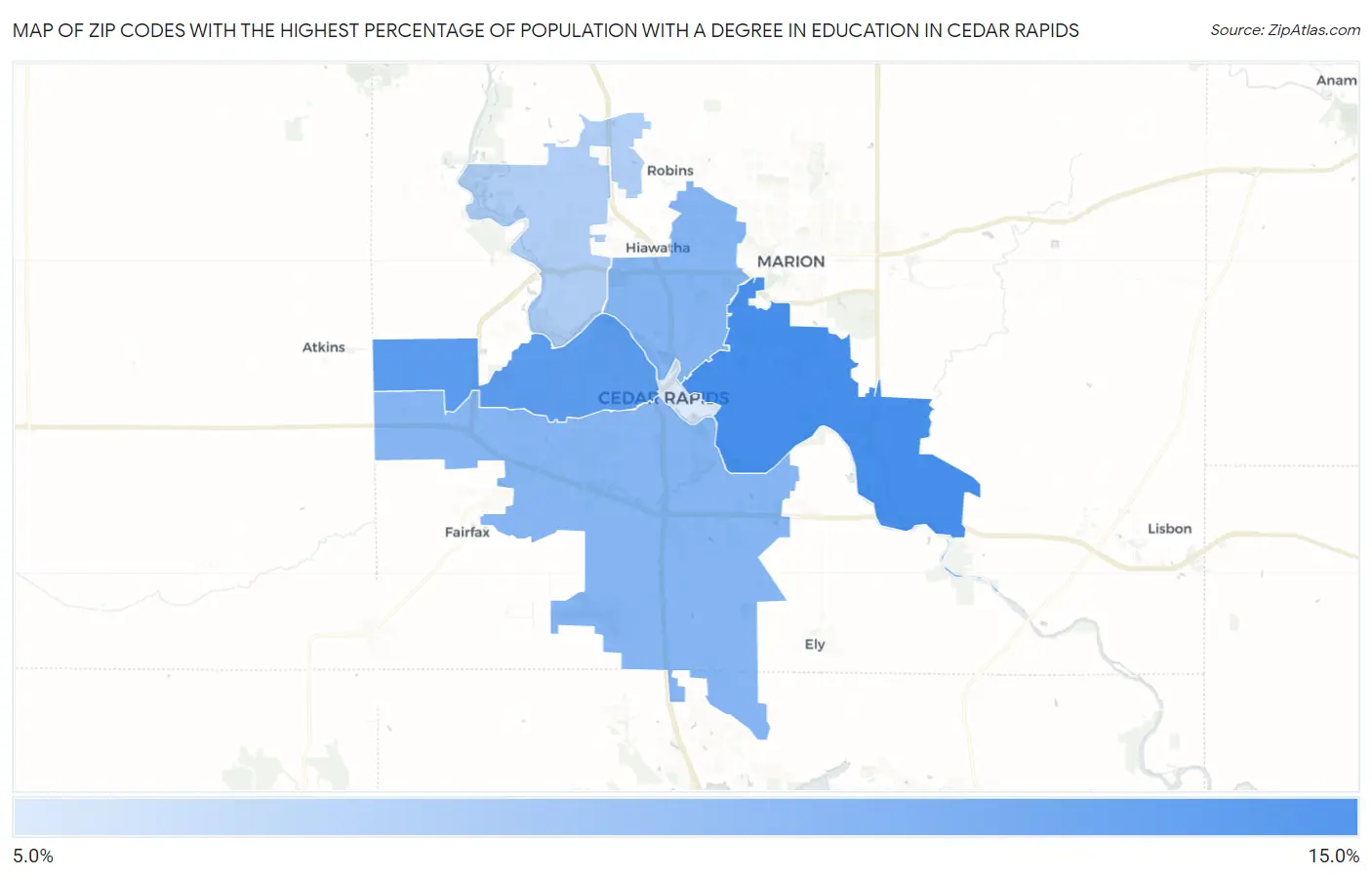 Zip Codes with the Highest Percentage of Population with a Degree in Education in Cedar Rapids Map