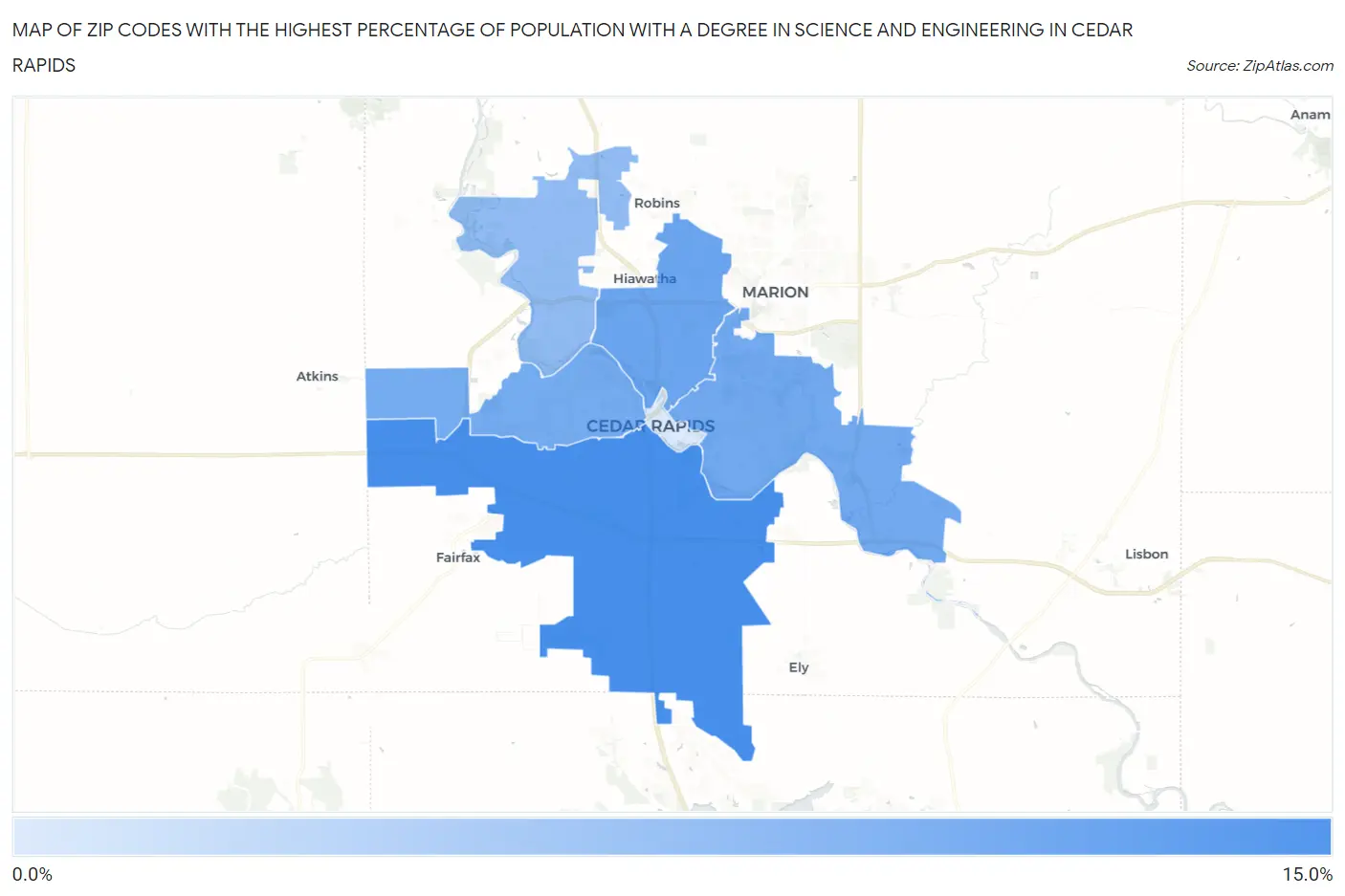 Zip Codes with the Highest Percentage of Population with a Degree in Science and Engineering in Cedar Rapids Map