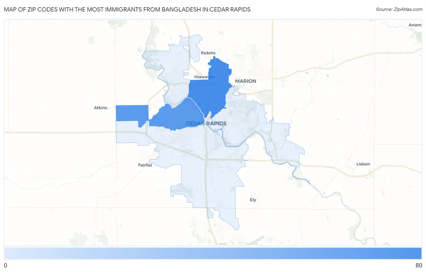 Zip Codes with the Most Immigrants from Bangladesh in Cedar Rapids Map