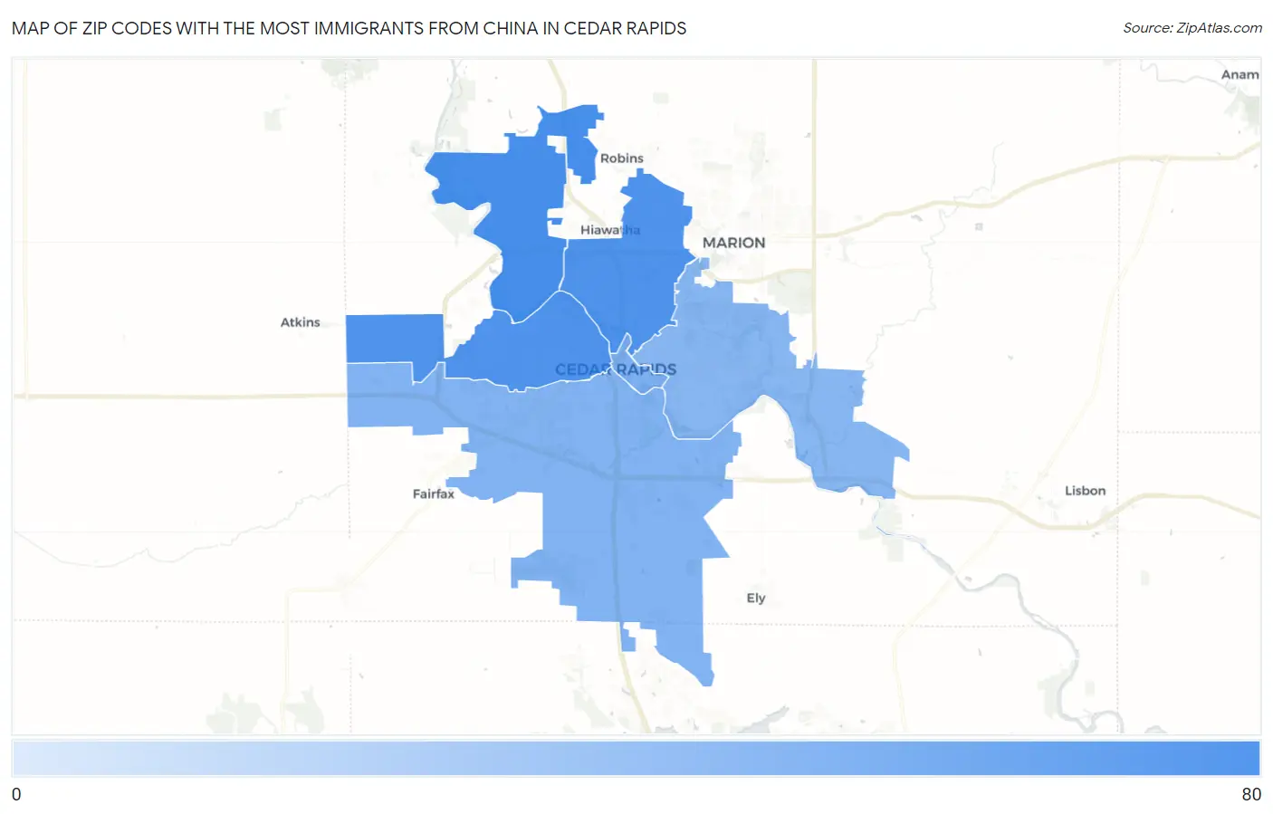 Zip Codes with the Most Immigrants from China in Cedar Rapids Map