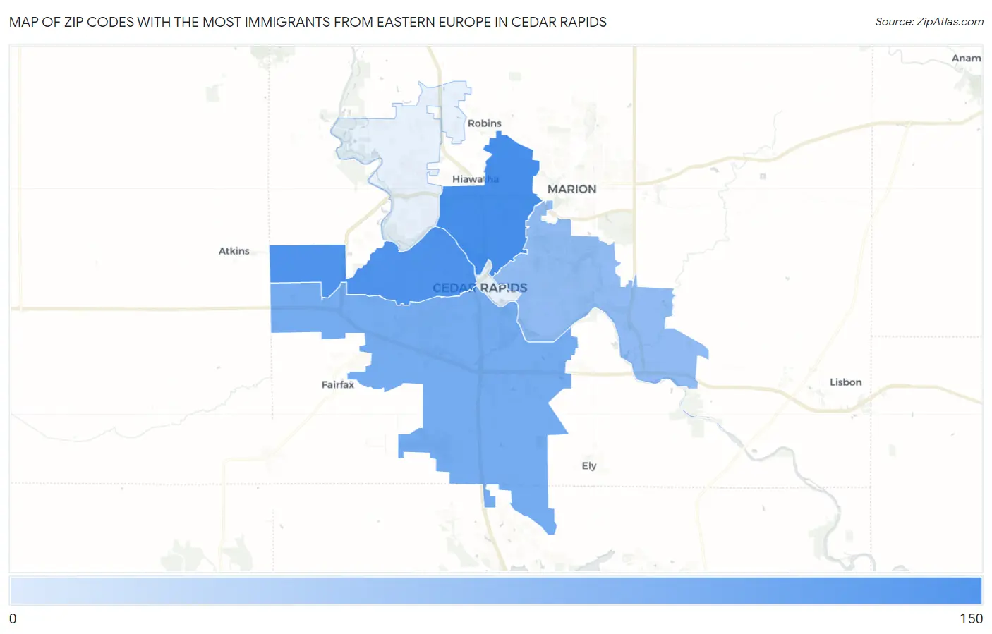 Zip Codes with the Most Immigrants from Eastern Europe in Cedar Rapids Map