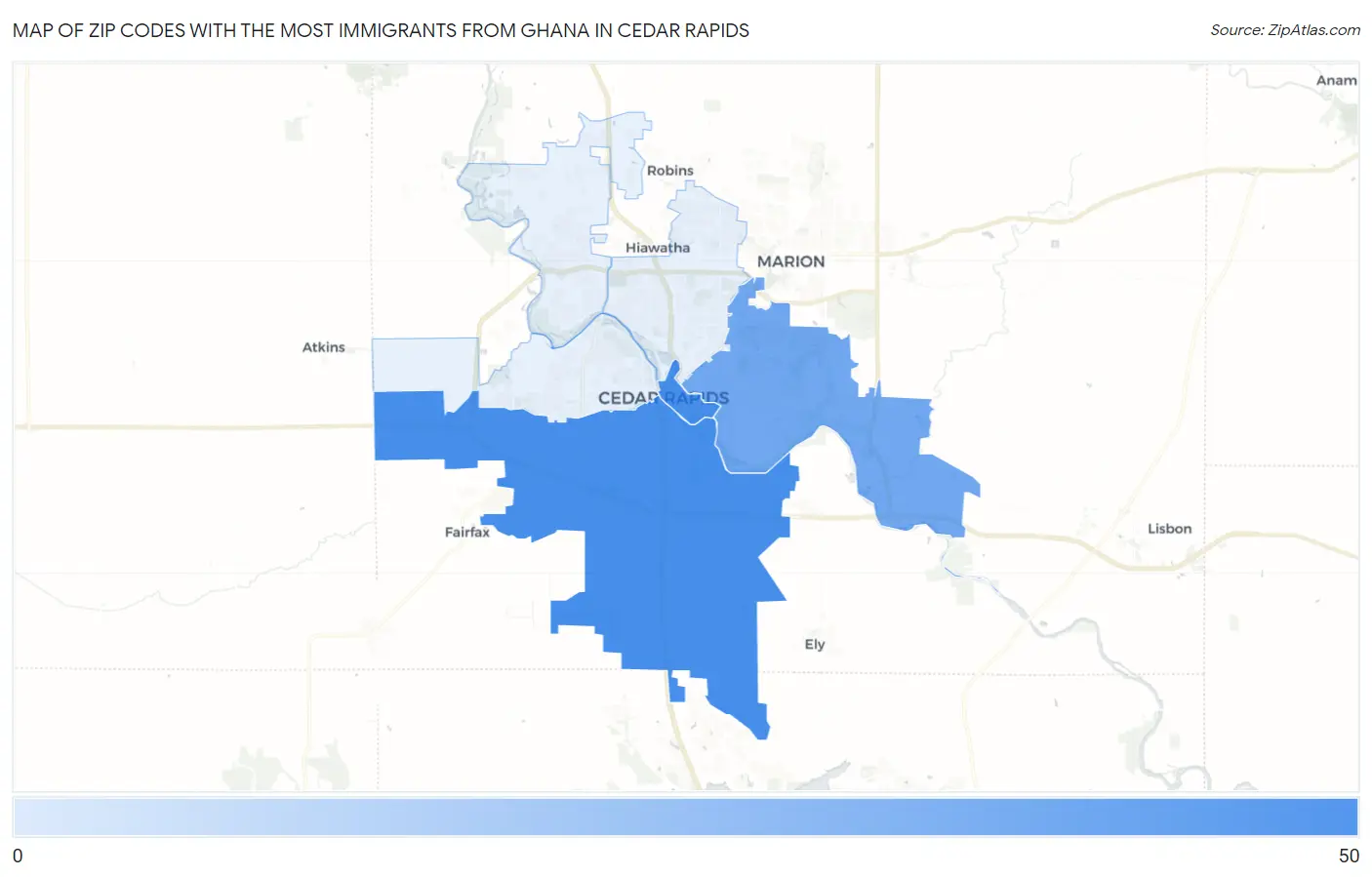 Zip Codes with the Most Immigrants from Ghana in Cedar Rapids Map