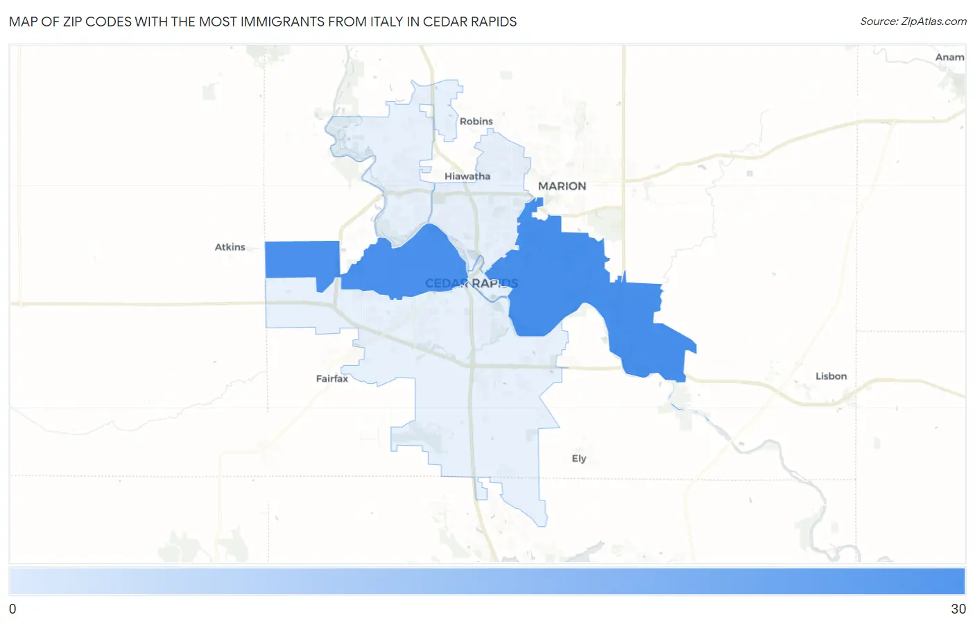 Zip Codes with the Most Immigrants from Italy in Cedar Rapids Map
