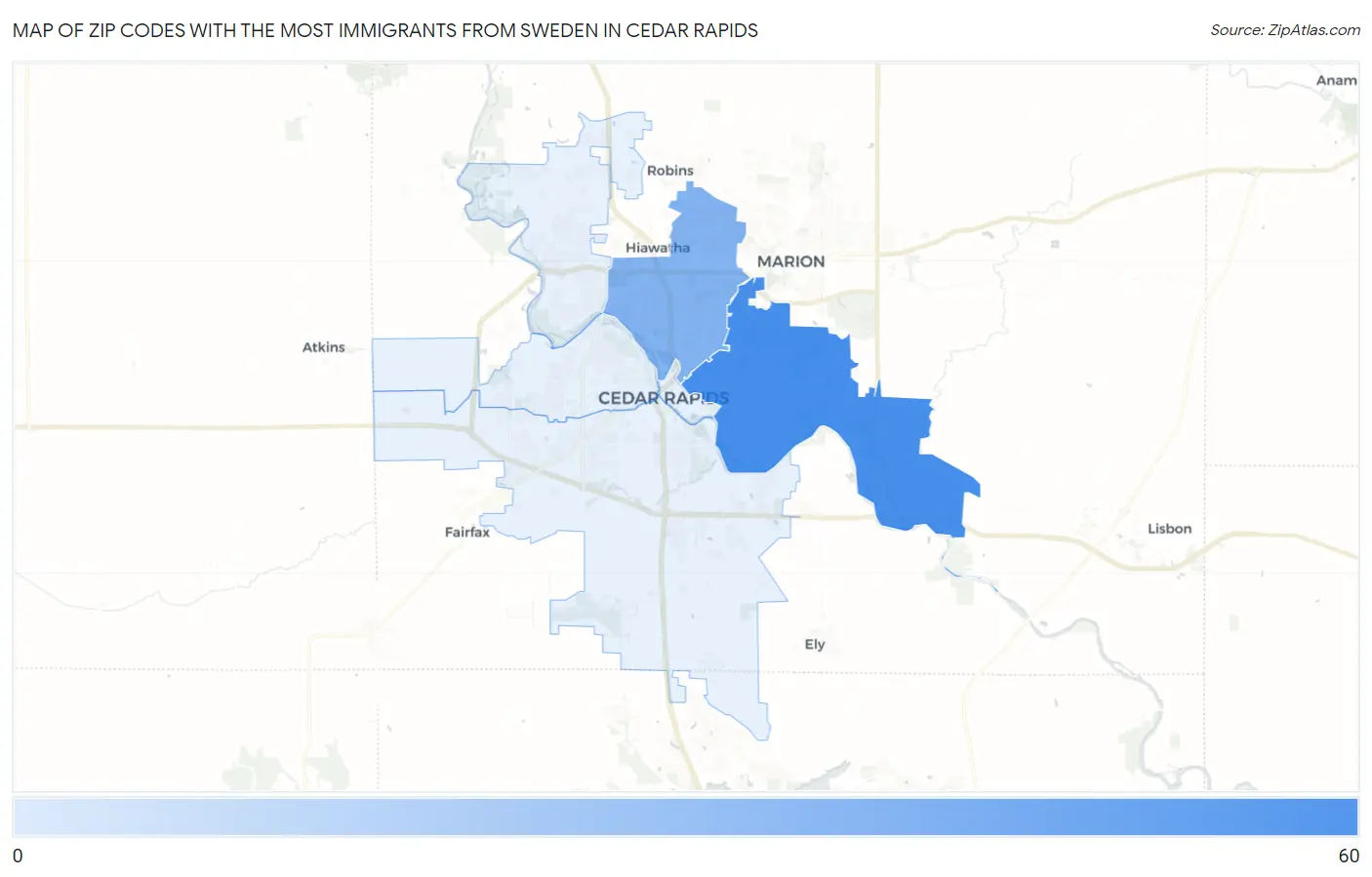 Zip Codes with the Most Immigrants from Sweden in Cedar Rapids Map