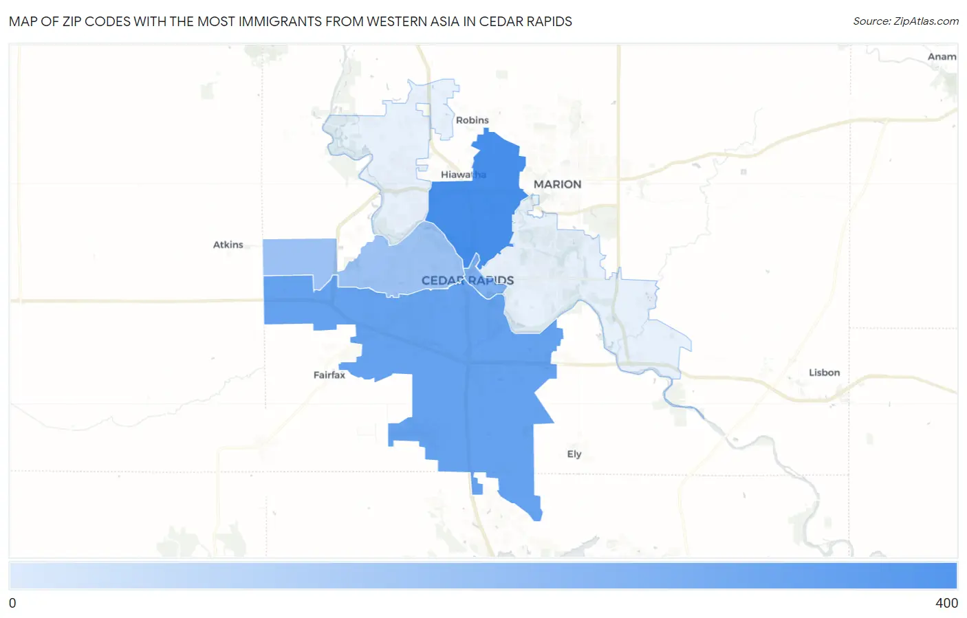 Zip Codes with the Most Immigrants from Western Asia in Cedar Rapids Map