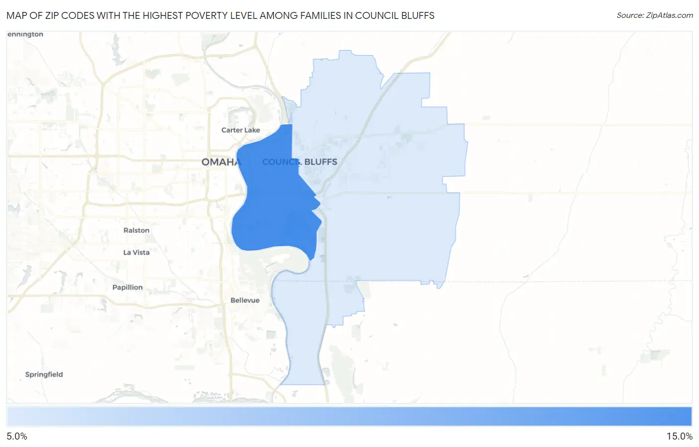 Zip Codes with the Highest Poverty Level Among Families in Council Bluffs Map