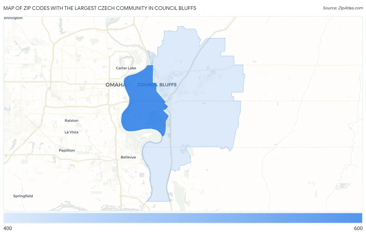 Zip Codes with the Largest Czech Community in Council Bluffs Map