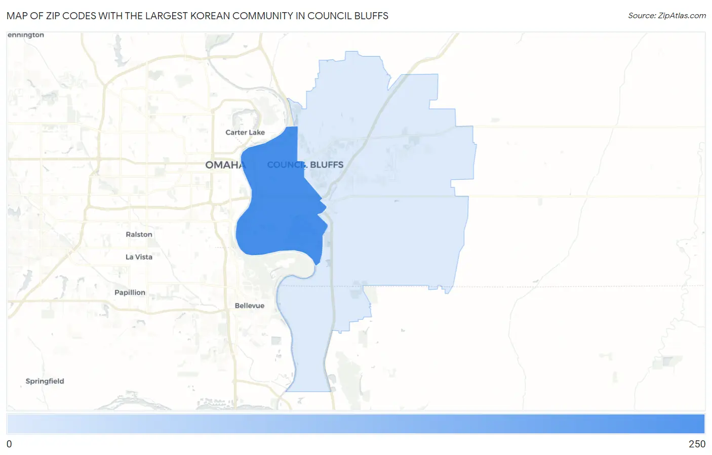 Zip Codes with the Largest Korean Community in Council Bluffs Map