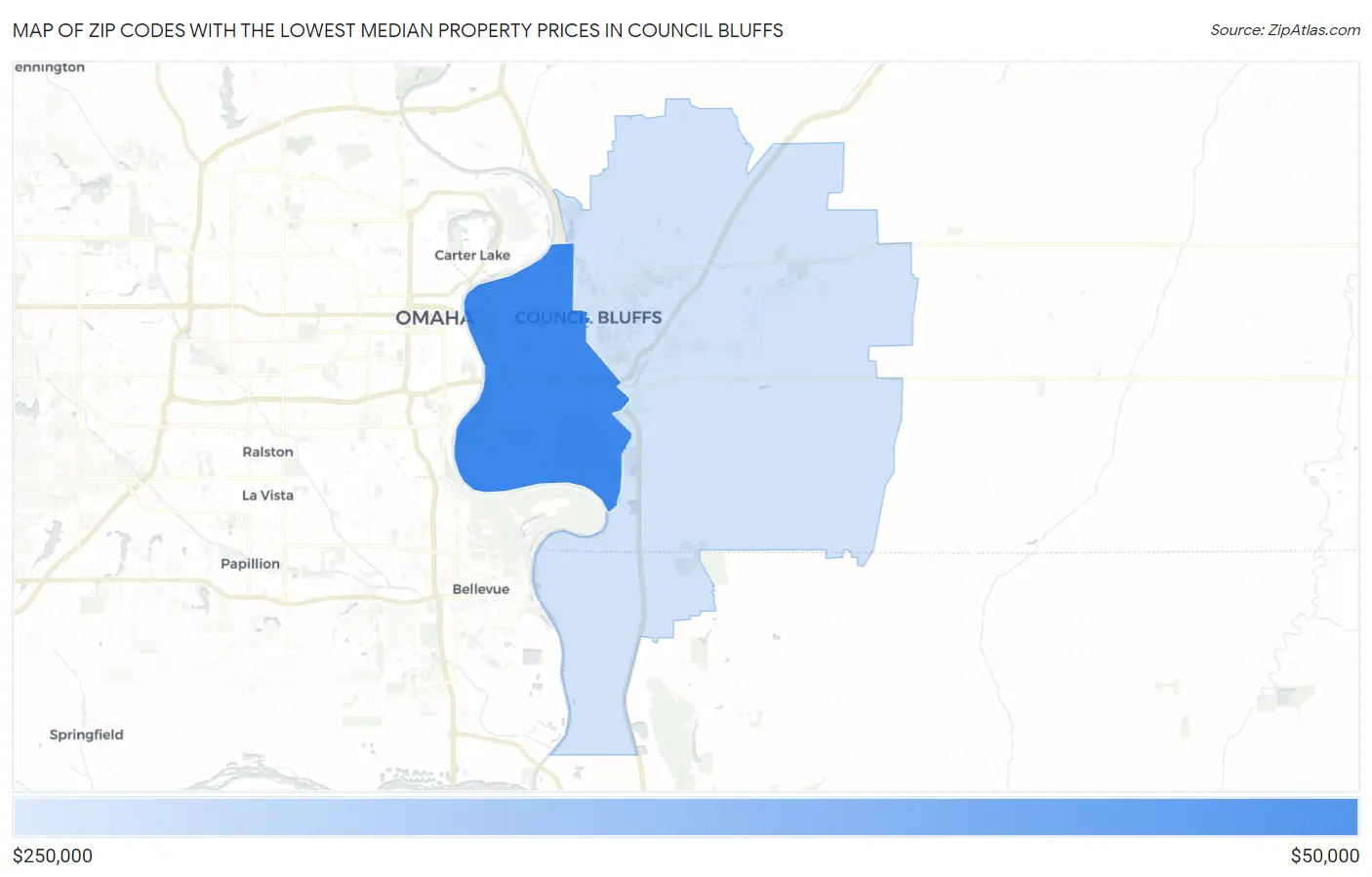 Zip Codes with the Lowest Median Property Prices in Council Bluffs Map