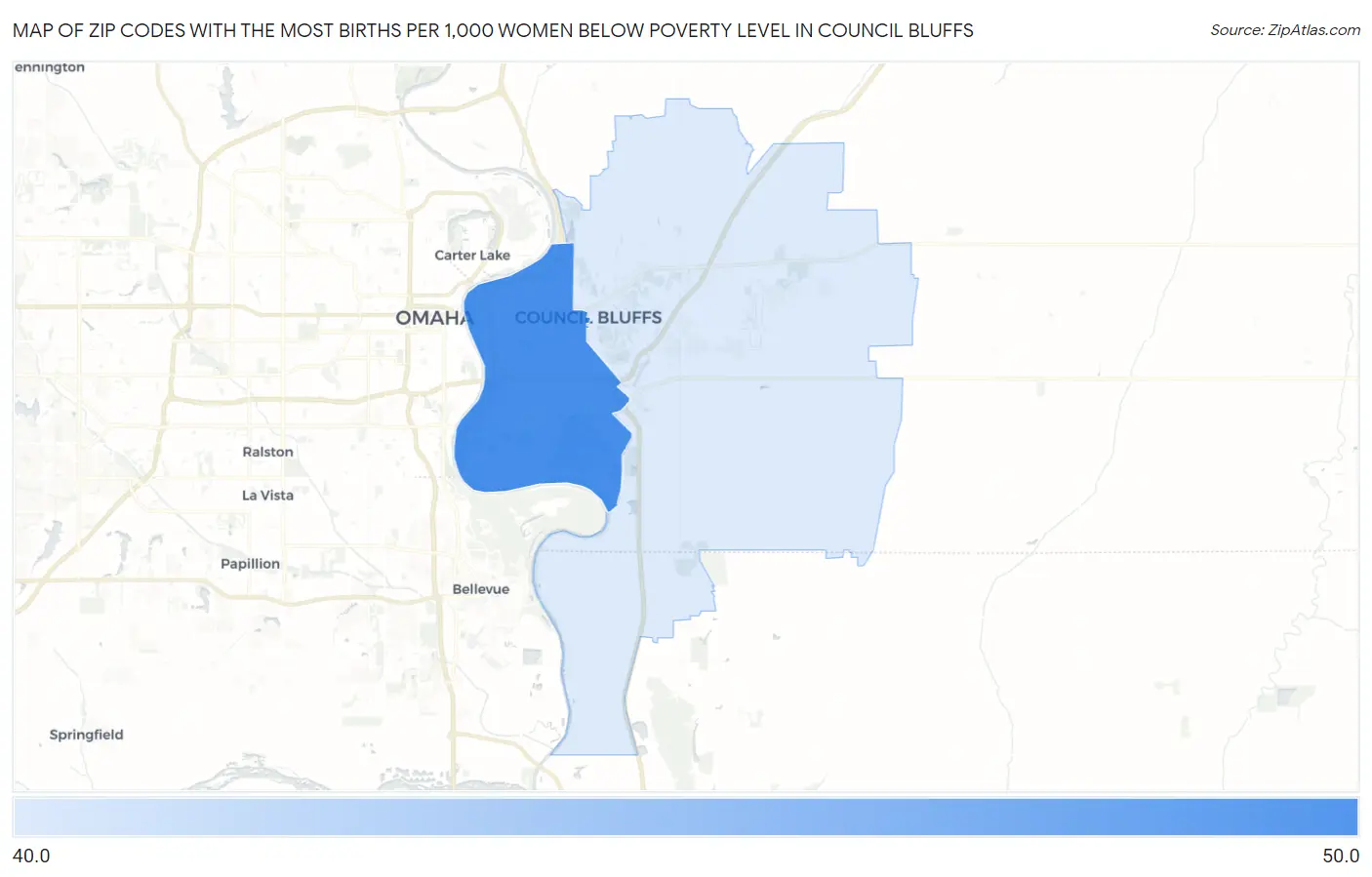 Zip Codes with the Most Births per 1,000 Women Below Poverty Level in Council Bluffs Map