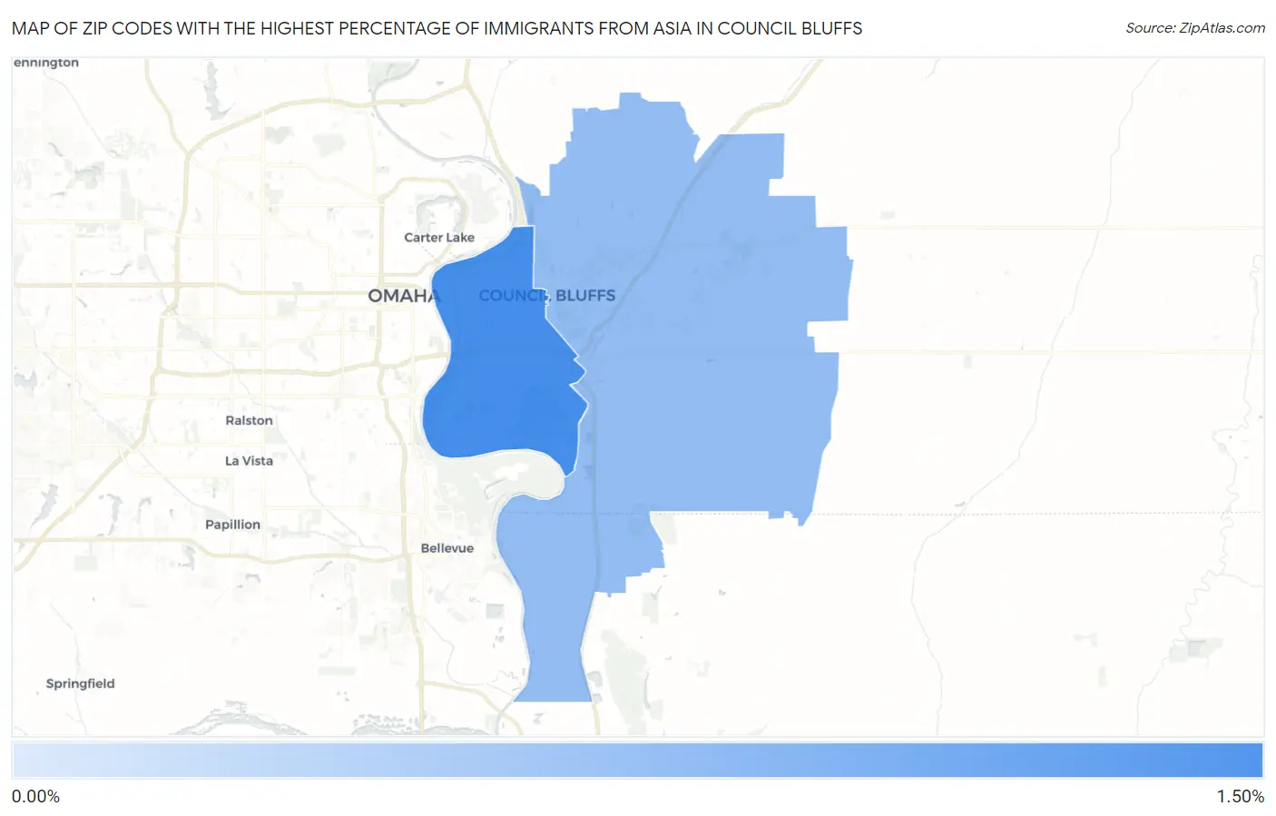 Zip Codes with the Highest Percentage of Immigrants from Asia in Council Bluffs Map