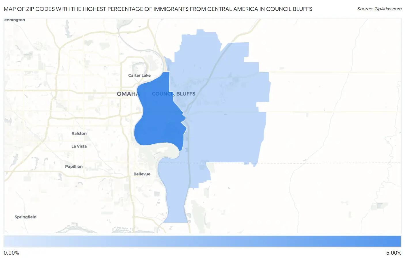 Zip Codes with the Highest Percentage of Immigrants from Central America in Council Bluffs Map