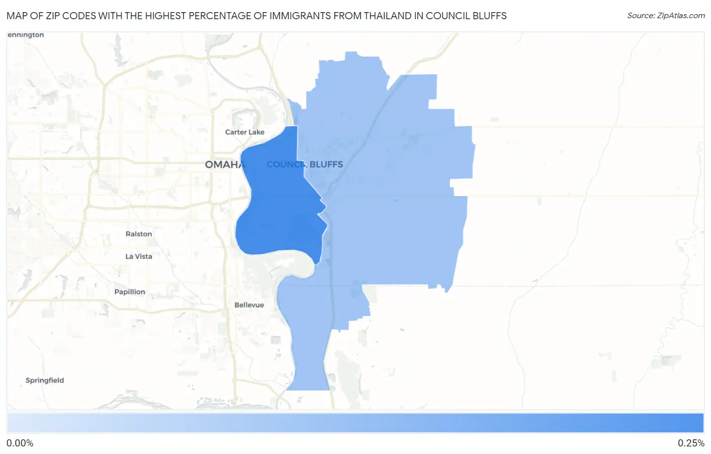 Zip Codes with the Highest Percentage of Immigrants from Thailand in Council Bluffs Map