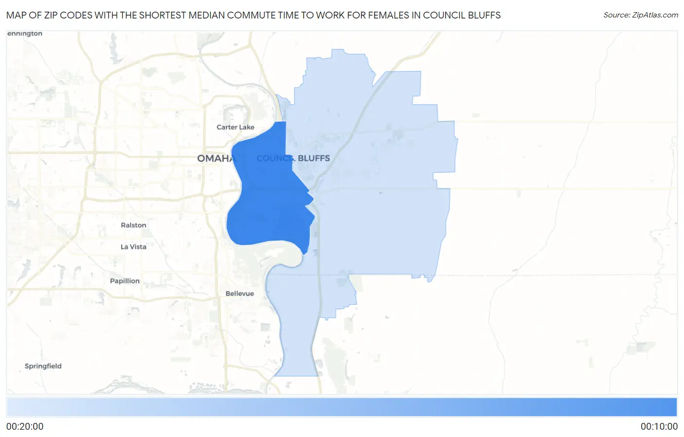 Zip Codes with the Shortest Median Commute Time to Work for Females in Council Bluffs Map
