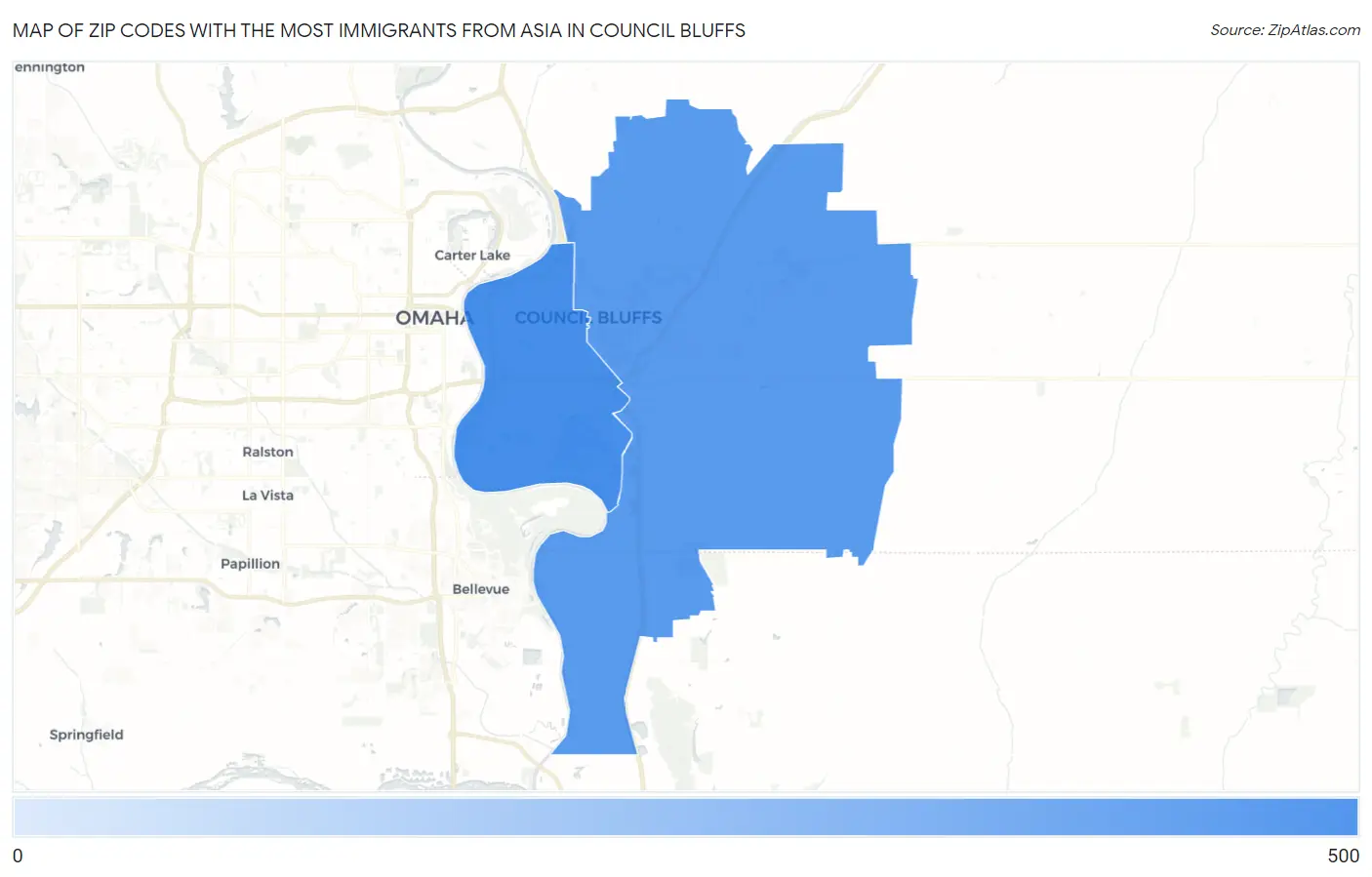 Zip Codes with the Most Immigrants from Asia in Council Bluffs Map