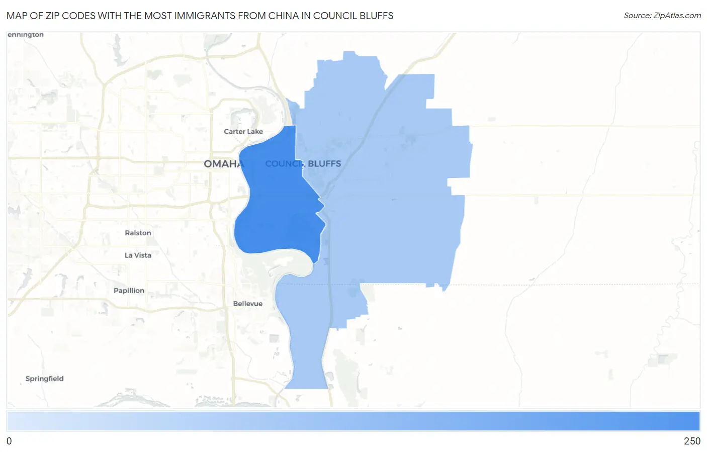 Zip Codes with the Most Immigrants from China in Council Bluffs Map