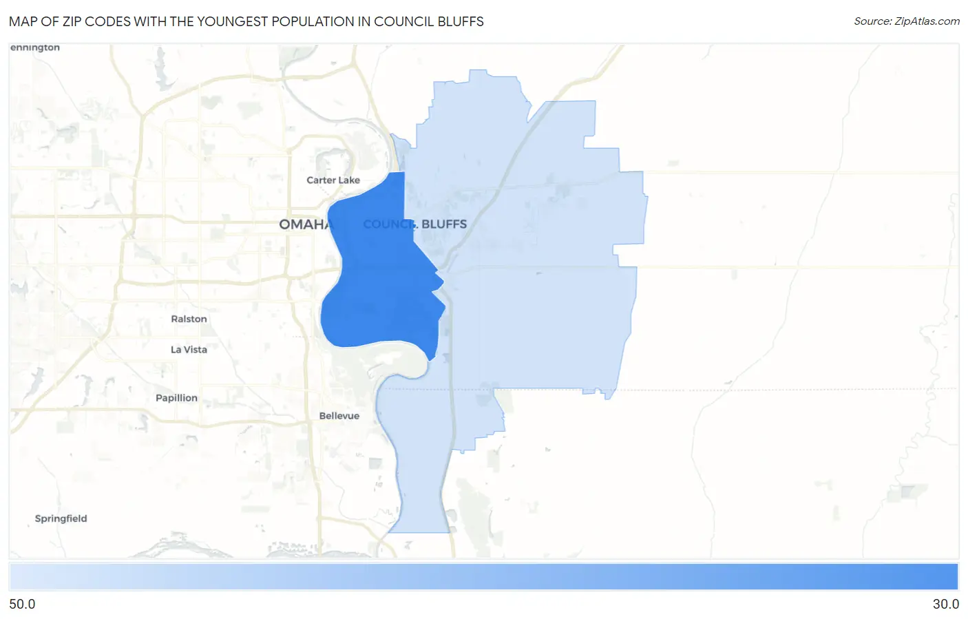 Zip Codes with the Youngest Population in Council Bluffs Map
