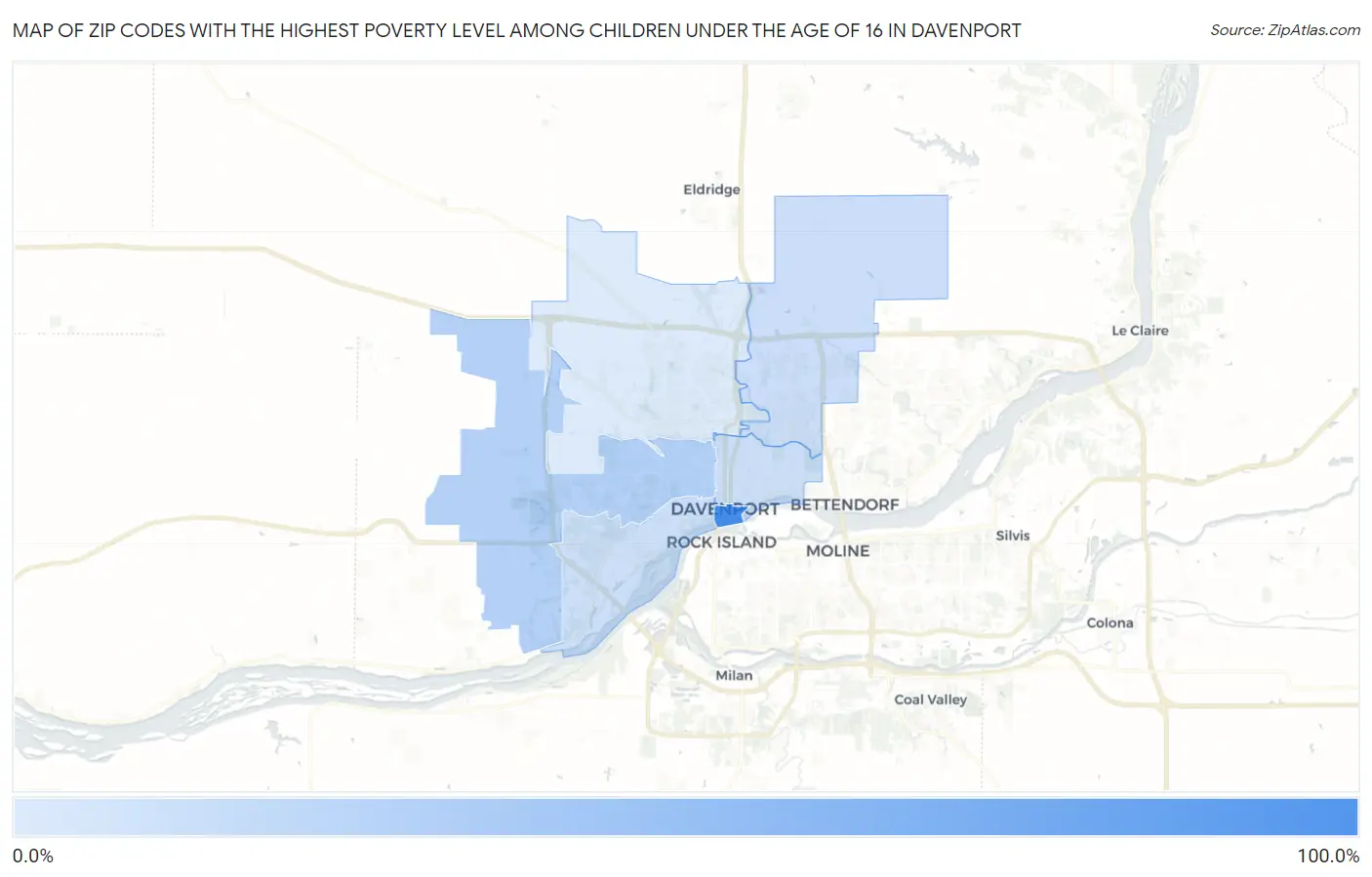 Zip Codes with the Highest Poverty Level Among Children Under the Age of 16 in Davenport Map