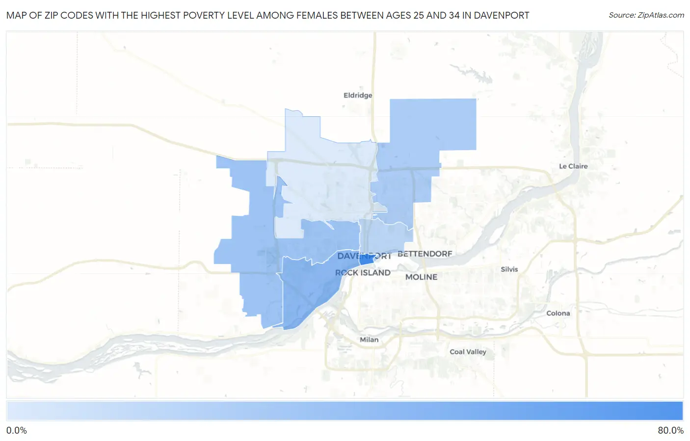Zip Codes with the Highest Poverty Level Among Females Between Ages 25 and 34 in Davenport Map
