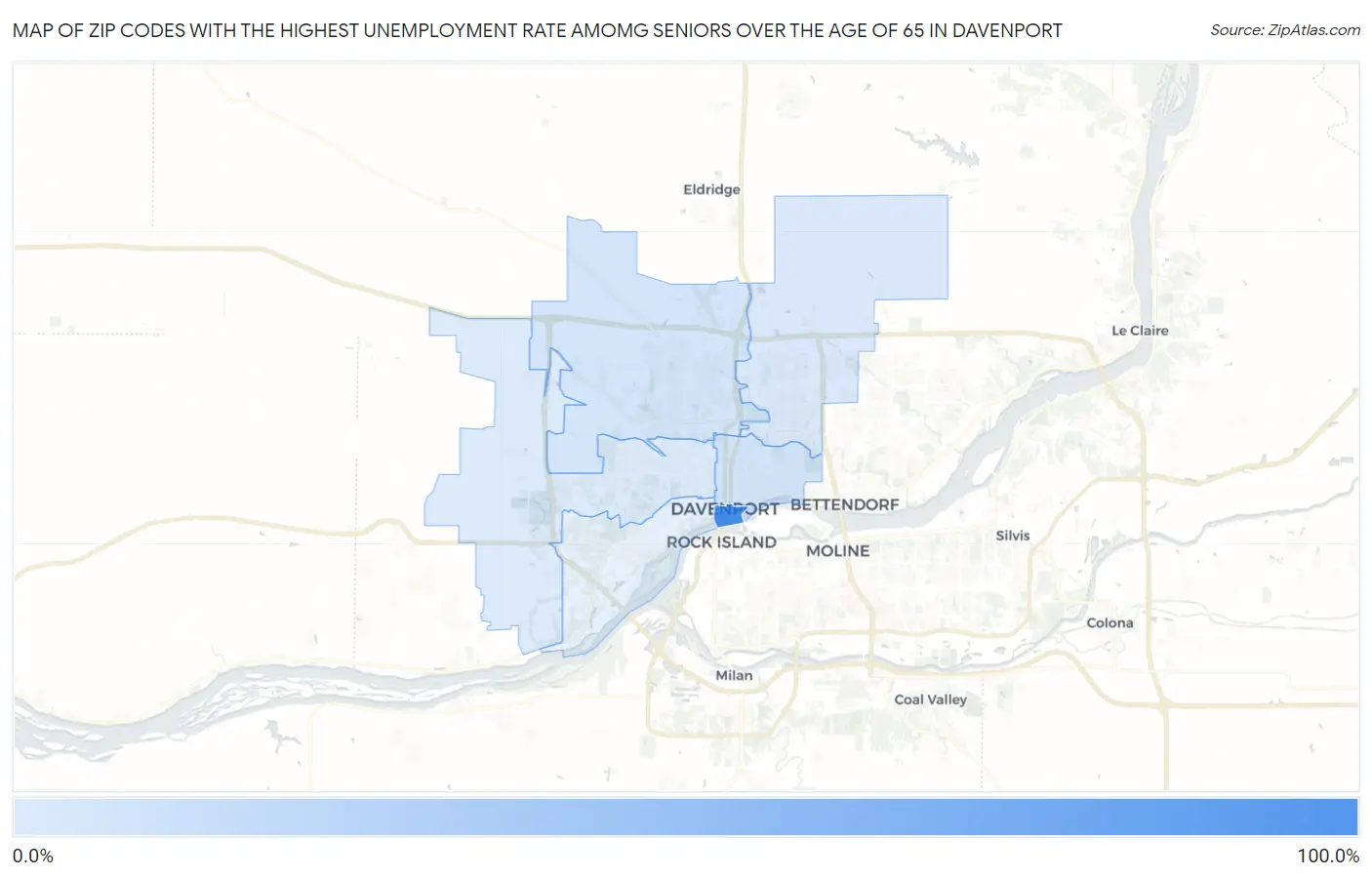 Zip Codes with the Highest Unemployment Rate Amomg Seniors Over the Age of 65 in Davenport Map