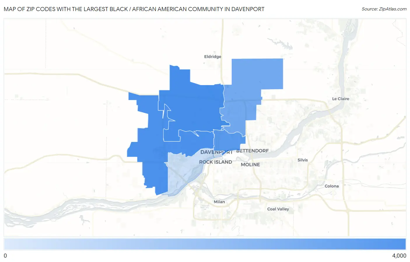Zip Codes with the Largest Black / African American Community in Davenport Map