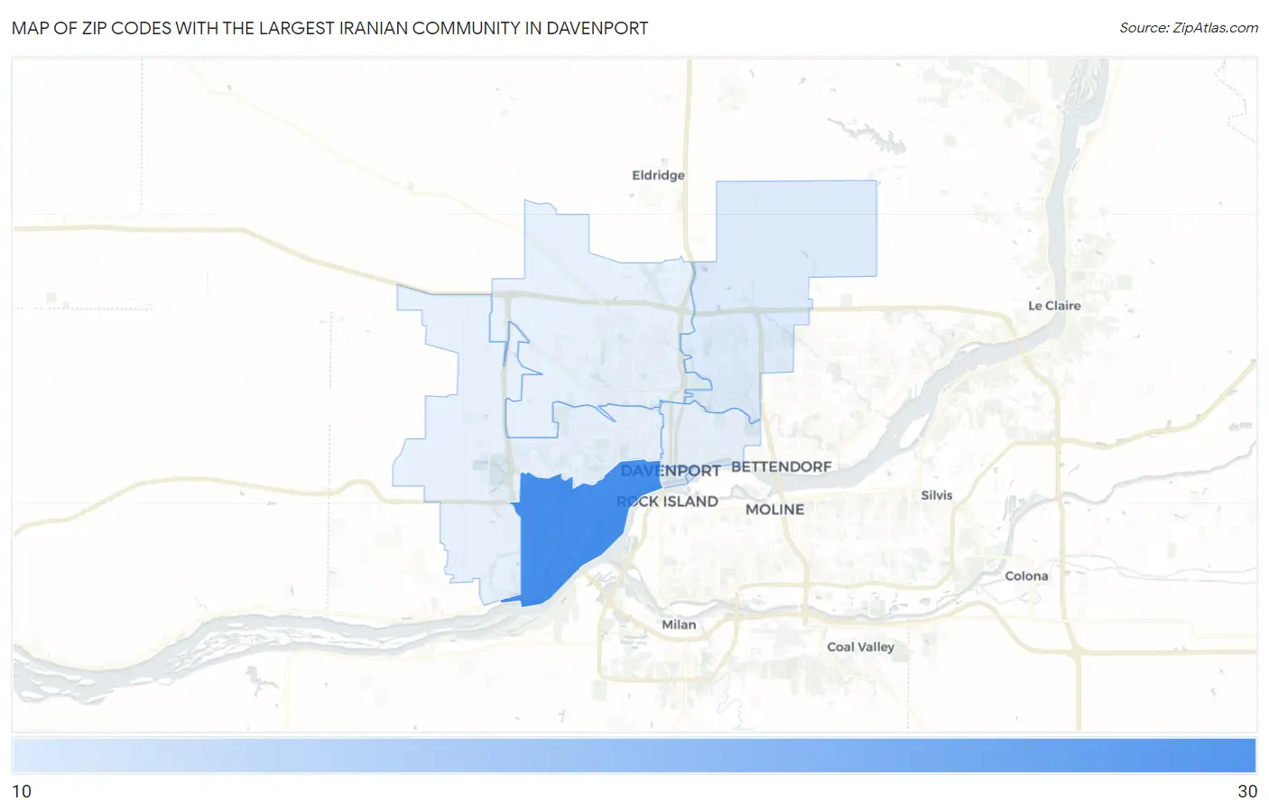 Zip Codes with the Largest Iranian Community in Davenport Map