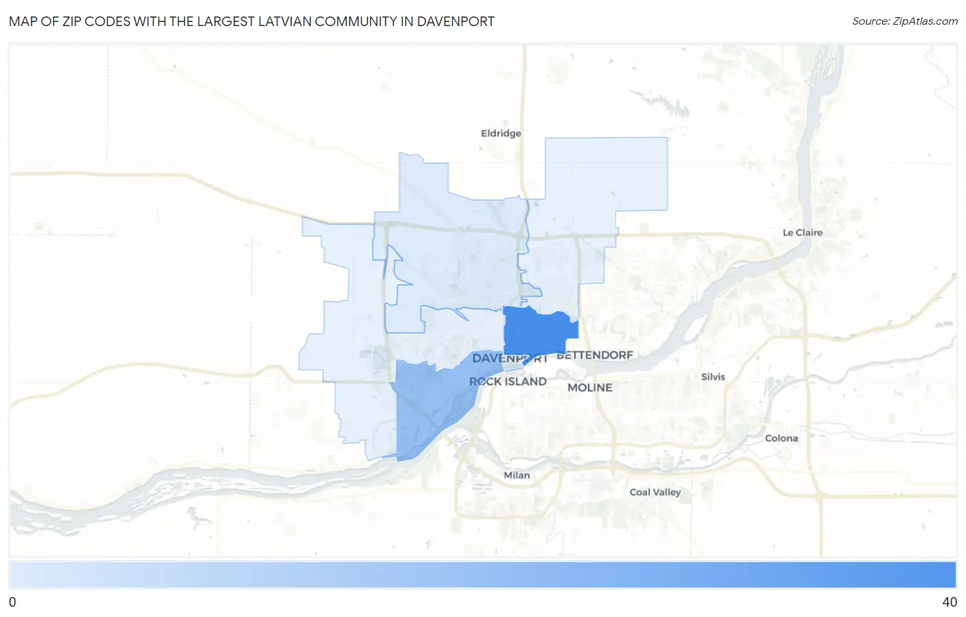 Zip Codes with the Largest Latvian Community in Davenport Map