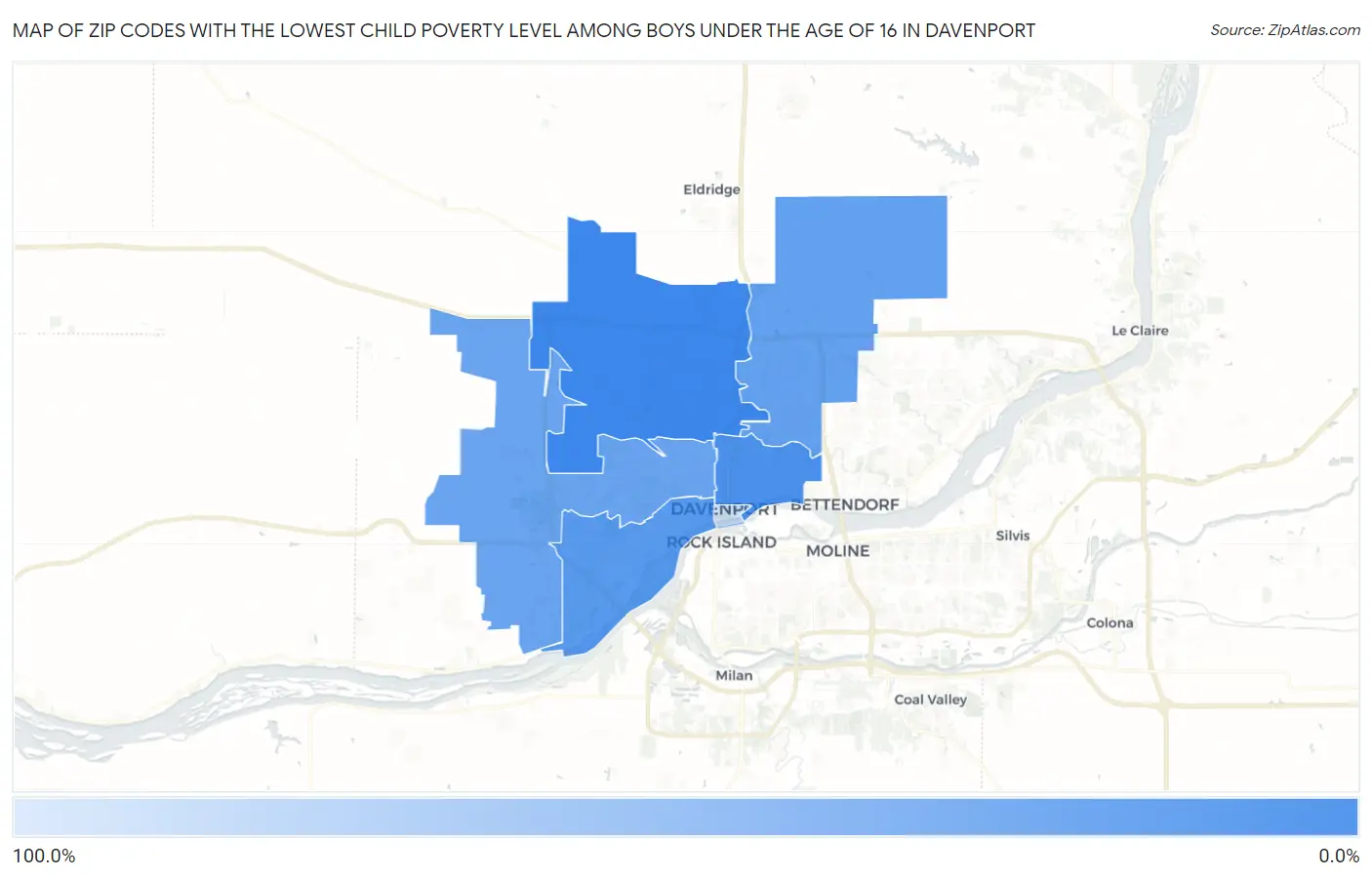 Zip Codes with the Lowest Child Poverty Level Among Boys Under the Age of 16 in Davenport Map