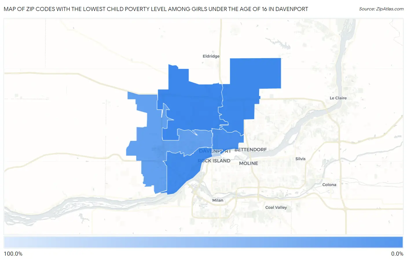 Zip Codes with the Lowest Child Poverty Level Among Girls Under the Age of 16 in Davenport Map