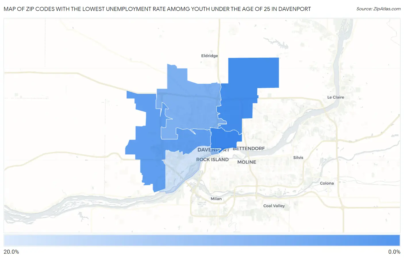 Zip Codes with the Lowest Unemployment Rate Amomg Youth Under the Age of 25 in Davenport Map